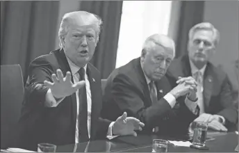  ?? AP PHOTO ?? President Donald Trump speaks during a meeting with lawmakers on immigratio­n policy in the Cabinet Room of the White House in Washington. From left, Trump, Rep. Steny Hoyer, D-Md., and Rep. Kevin McCarthy, R-Calif.