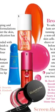  ??  ?? 1. Benefit Cha Cha Tint cheek and lip stain $57. 2. Clarins Water Lip Stain in Rose Water, $42. Shiseido UV Lip Color Splash in Miami Pink SPF42, $36. Elizabeth Arden Cool Glow Cheek Tint in Coral Daze, $68.