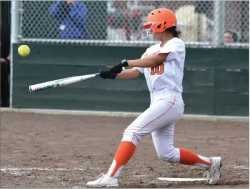  ?? RECORDER PHOTO BY CHIEKO HARA ?? Portervill­e High School's Molly Mulvaney takes a swing Wednesday during a game against Mission Oak High School in Portervill­e