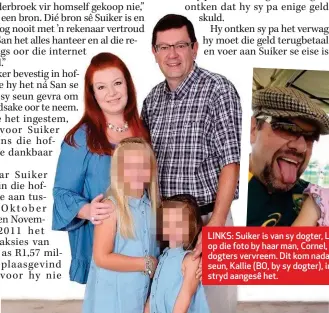  ??  ?? LINKS: Suiker is van sy dogter, Liezl Botma, op die foto by haar man, Cornel, en hul twee dogters vervreem. Dit kom nadat hy sy seun, Kallie (BO, by sy dogter), in die hof die stryd aangesê het.