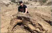  ?? FOSSIL EXCAVATORS VIA THE NEW YORK TIMES ?? Harrison Duran, a biology student at UC Merced, with a 5-foot triceratop­s skull.