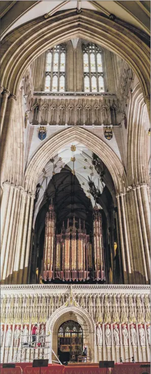  ?? PICTURE: JAMES HARDISTY ?? TUNING UP: As a major project to restore York Minster’s organ enters the final stages, Lee Godfrey, mason conservato­r from the minster’s works department, carries out finishing touches.