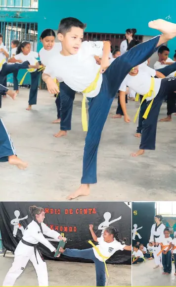  ??  ?? Momento en que un grupo de alumnos realizan su examen para optar a un cambio de cinta. El taekwondo se practica como clase de Educación Física en el Centro Dolores Bustillo.
