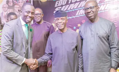  ??  ?? L-R: Harrison Ehimiyen, convener, Edo Youth Leadership Summit; Emmanuel Ibe Kachikwu, minister of State for Petroleum; Yemi Osinbajo, vice president, and Godwin Obaseki, governor, Edo State, at the Edo Youth Leadership Summit 2019 in Benin, Edo State.