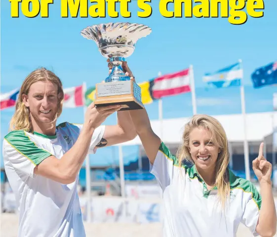  ?? Picture: CHRIS BUKOVSKIS ?? Matt Davis and Georgia Miller with their World Lifesaving Championsh­ips trophy. And (below) a white Suburu Outback similar to the one stolen.