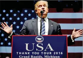  ??  ?? US President-elect Donald Trump speaks at a “Thank You USA” tour rally in Grand Rapids, Michigan, on Friday.