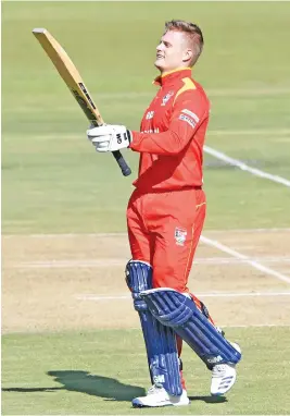  ?? Picture: Gallo Images ?? BIG NUMBER. Lions batsman Ryan Rickelton celebrates after scoring his century during their One-Day Cup match against the Cape Cobras in Potchefstr­oom yesterday.
