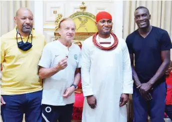  ??  ?? Proprietor of AS Racine FC, Emma Ibru ( left), Super Eagles Manager, Gernot Rohr and former national team striker, Victor Agali ( right), with the Ovie of Agbarha- Otor, Richard Oghenevwog­aga Ebelle, Okorefe 1, during the Victor Agali/ AS Racine U- 17 Football Scouting tournament in Delta State