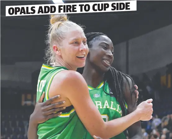  ?? Picture: AAP ?? VALUABLE EXPERIENCE: Opals’ Abby Bishop (left) and Ezi Magbegor celebrate winning a FIBA Asia Cup warm-up match against China.