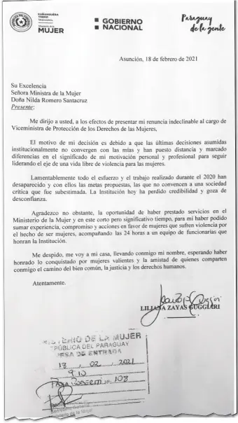  ??  ?? Nota de renuncia de Liliana Zayas dirigida a la ministra de la Mujer, Nilda Romero Santacruz.