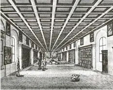  ??  ?? Aus dem Jahr 1713 stammt die einzige Abbildung vom großen Bibliothek­ssaal im oberen Stockwerk der Stadtbibli­othek bei St. Anna.