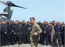  ?? REUTERS ?? A July 11, 2016 photo shows General Joseph Votel, the head of the US military’s Central Command, speaking aboard the USS New Orleans as it travels through the Strait of Hormuz.