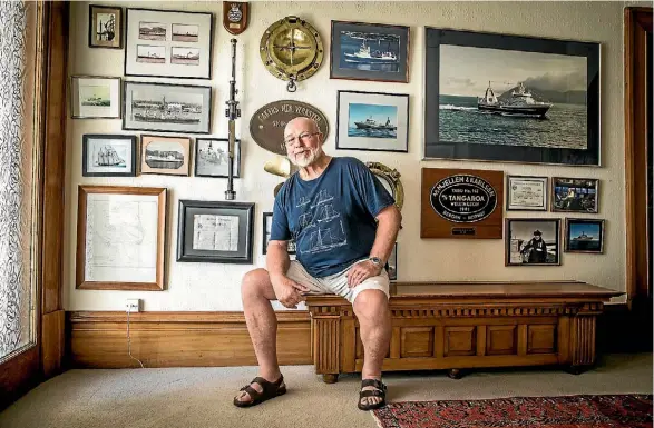  ??  ?? Andrew Leachman has a trove of nautical memorabili­a at his home in Nelson, reminders of his journeys around the world, including to the Southern Ocean, where he once serenaded penguins on saxophone.