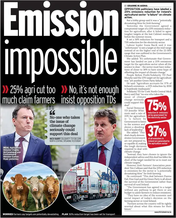  ?? ?? DEAL Agricultur­e Minister Charlie Mcconalogu­e and Environmen­t Minister Eamon Ryan yesterday
MICH BARRY SOLIDARITY TD FOR CORK NORTH CENTRAL SPEAKING YESTERDAY
WORRIED Farmers say targets are potentiall­y devastatin­g
PLAN 50% reduction target has been set for transport