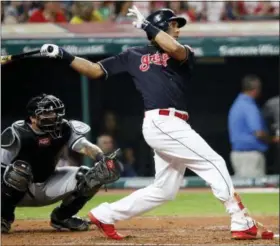  ?? TOM E. PUSKAR — ASSOCIATED PRESS ?? Michael Brantley follows through on his solo home run off White Sox’s James Shields in the third inning on Sept. 20 at Progressiv­e Field.