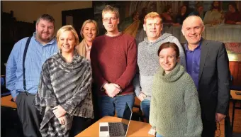  ??  ?? Kevin O’Shea and Ben Farr (centre) with SHU Associate Professor of Marketing Enda McGovern, Associate Professor Tim Reilly and students Olivia Cairns, Jessica O’Brien and Katelyn Norkoswki who presented their analysis of business marketing strategies in An Díseart last Wednesday.