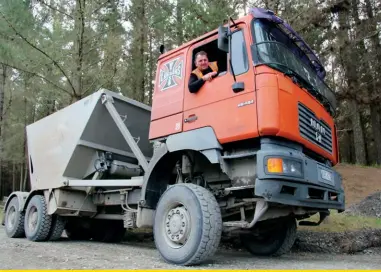  ??  ?? Above: Scott McPhee is the regular driver of the MAN 6x6 bottom dumper truck used on roading jobs by Whisker Harvesting in the Santoft Forest.