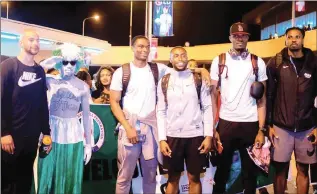  ??  ?? L-R: Membes of Nigeria’s National basketball team, Keith Sado, Agada Caleb, Braxton Ogbueze, Okasu Augustine and Tosin Idowu, at the recption of the team as they arrived Muritala Muhammed Interterna­tional Airport, Lagos ...recently