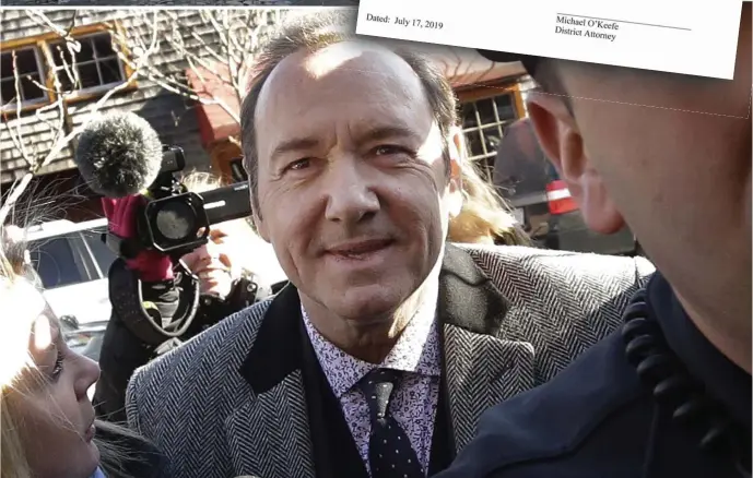  ?? AP FILE ?? AND ... CUT: Kevin Spacey arrives at Nantucket District Court, where Tuesday a charge of indecent assault and battery by the son of former WCVB anchor Heather Unruh, far left, was dropped by prosecutor­s. Tuesday’s court papers are seen top right, regarding the incident in July 2016 at The Club Car, top left.