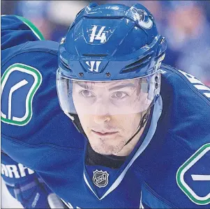  ?? CP PHOTO ?? Vancouver Canucks’ Alex Burrows lines up during a faceoff during NHL action against the Philadelph­ia Flyers in Vancouver, B.C., on Feb. 19. The Ottawa Senators have acquired forward Burrows from the Vancouver Canucks for prospect Jonathan Dahlen.