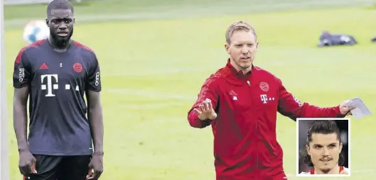  ?? BILDer: Imago/dpa ?? Abwehrspie­ler Dayot Upamecano (links) und Trainer Julian Nagelsmann (rote Jacke) sind bereits in diesem Jahr aus Leipzig nach München gekommen. Den gleichen Weg könnte nun Marcel Sabitzer (kleines Bild) gehen.