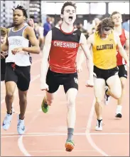  ?? Peter Hvizdak / Hearst Connecticu­t Media ?? Ryan Farrell of Cheshire celebrates after winning the 600 meters at the CIAC State Open on Saturday in New Haven. Hillhouse’s Talib McBride, left, placed second, while Ellington’s Jack Olender was third.