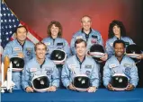  ??  ?? 1985 Christa McAuliffe (third from left) of New Hampshire is chosen to be the first schoolteac­her to ride aboard the space shuttle. (McAuliffe and six other crew members die when the
Challenger explodes shortly after liftoff in January 1986)