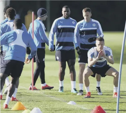  ??  ?? 2 Leicester striker Jamie Vardy, far right, who has not scored in his last eight outings for club and country, trains yesterday ahead of his bid to end that drought in tonight’s Champions League match against FC Copenhagen.