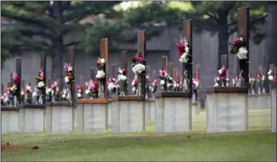  ?? The Associated Press ?? 168 CHAIRS: The field of empty chairs are adorned with flowers inside the Oklahoma City National Memorial and Museum on the 25th anniversar­y of the bombing of the Alfred P. Murrah Federal Building on Sunday in Oklahoma City. The memorial remains closed and did not hold a live remembranc­e ceremony due to coronaviru­s restrictio­ns.