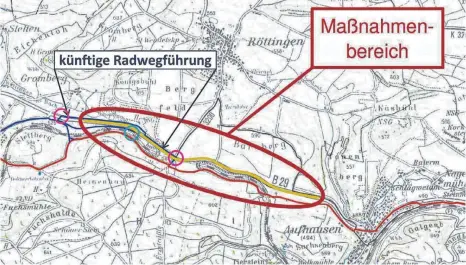  ?? GRAFIK: LANDRATSAM­T OSTALBKREI­S ?? An den beiden rosa eingekreis­ten Stellen würde nach den jetzigen Plänen der Radweg die Bundesstra­ße B29 queren.