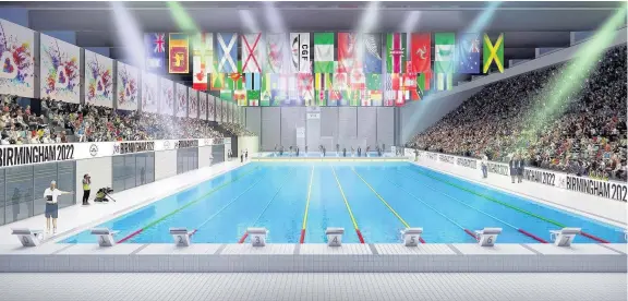  ??  ?? > An artist’s impression of the proposed Birmingham Aquatics Centre as the city bids for the 2022 Commonweal­th Games