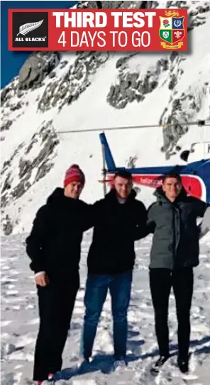  ??  ?? Chilling out: Lions stars (L-R) Johnny Sexton, Peter O’Mahony, Owen Farrell, Jamie George, Elliot Daly, Tadhg Furlong, Conor Murray and Jack McGrath after a helicopter ride THIRD TEST 4 DAYS TO GO