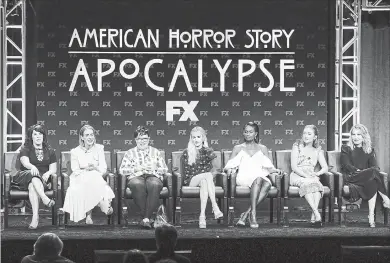  ?? FREDERICK M. BROWN GETTY ?? Executive producer Alexis Martin Woodall, left, Sarah Paulson, Kathy Bates, Emma Roberts, Adina Porter, Billie Lourd, and Leslie Grossman offered few glimpses into the upcoming season of “American Horror Story: Apocalypse.”