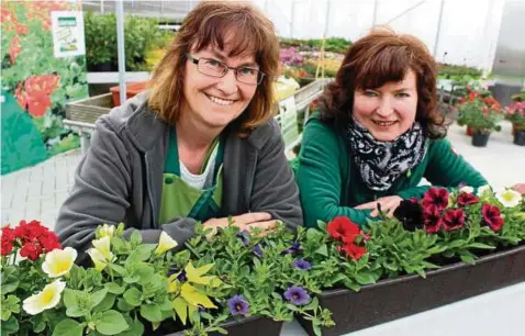  ??  ?? Konstanze (l.) und Silke Eismann leiten die gleichnami­ge Gärtnerei in Langenberg und erwarten die Besucher. Fotos (): Katja Grieser