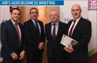  ?? Photo Domnick Walsh ?? Donal Whlton AIB , Joe Shannon AIB Tralee , John O’Sullivan Manager Lee Strand and Padraig O’Connor AIB Tralee Pictured at the AIB Agri Business Breakfast Briefing on the “SBCI Agricultur­e Cashflow Support Loan “held at the Ballygarry House Hotel in...