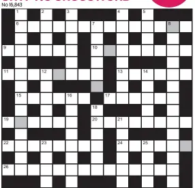  ?? ?? FOR your chance to win, solve the crossword to reveal the word reading down the shaded boxes. HOW TO ENTER: Call 0901 293 6233 and leave today’s answer and your details, or TEXT 65700 with the word CRYPTIC, your answer and your name. Texts and calls cost £1 plus standard network charges. Or enter by post by sending completed crossword to Daily Mail Prize Crossword 16,843, PO Box 28, Colchester, Essex CO2 8GF. Please include your name and address. One weekly winner chosen from all correct daily entries received between 00.01 Monday and 23.59 Friday. Postal entries must be date-stamped no later than the following day to qualify. Calls/texts must be received by 23.59; answers change at 00.01. UK residents aged 18+, excl NI. Terms apply, see Page 56.