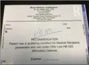  ?? JANET PODOLAK — THE NEWS-HERALD ?? The prescripti­on for medical marijuana takes the form of a recommenda­tion.