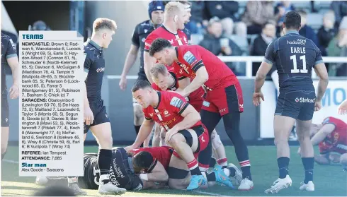  ?? PICTURES: Getty Images ?? Grounded: Tom Woolstencr­oft crashes over for Saracens’ opening try