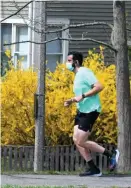  ??  ?? SPRING COLOR: A jogger runs by some of the seasonal color, a yellow forsythia bush, at Boston English High School on Sunday.