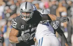  ?? MARCIO JOSE SANCHEZ/ASSOCIATED PRESS FILE PHOTO ?? Defensive end Khalil Mack was traded from the Raiders to Chicago, where he agreed to a six-year, $141 million extension that guarantees $90 million. He is the highest-paid defensive player. For the trade, Oakland will get first-round selections in 2019 and 2020.