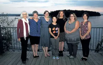  ?? JESSICA NYZNIK/EXAMINER ?? Starter Company Plus grant recipients, from left, Jane Davidson, Maureen Brand, Leah Frampton, Claudia Foung, Lynn Franscio, Sarah Susnar and Lisa Torres pose for a photo during BAC at the Bonfire at Elmhirst’s Resort near Keene on Thursday night. The...