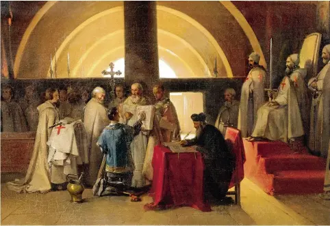  ??  ?? 1265 – Réception de Jacques de Molay dans l’ordre du Temple (1846), de François Marius Granet ; musée Calvet, à Avignon. Jacques de Molay (1244-1314) dernieret est le 23e Grand Maître de l’Ordre dissous par Philippe le Bel. Sur le bûcher, il aurait maudit le pape, ainsi que les rois de France
« jusqu’à la treizième génération ».