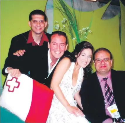  ?? ?? nd
Gerard James Borg (second from left), Ira Losco and Philip Vella (right) in the green room during the 2002 Eurovision Song Contest.