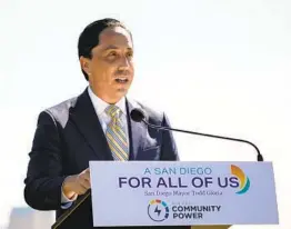  ?? SAM HODGSON U-T ?? San Diego Mayor Todd Gloria speaks at a news conference announcing the rollout of San Diego Community Power at Harbor Island Park on Monday.