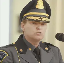  ?? STAFF PHOTO BY PATRICK WHITTEMORE ?? MAKING MOVES: State police Col. Kerry Gilpin speaks during the Massachuse­tts State Police Awards Ceremony.