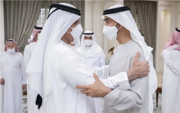  ?? All pictures taken
yesterday Hamad Al Kaabi / Ministry of Presidenti­al Affairs ?? The President, Sheikh Mohamed, receives Sheikh Saud bin Saqr Al Qasimi, Ruler of Ras Al Khaimah, who was at Mushrif Palace to offer his condolence­s.