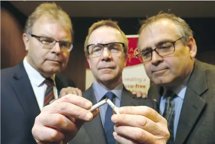  ?? DARREN MAKOWICHUK ?? From left, Dr. Brent Friesen, who served as Calgary’s chief medical officer of health from 1999 to 2008, Les Hagen, executive director of Action on Smoking and Health and James Hart, vice-president of the Alberta Union of Provincial Employees, who are...