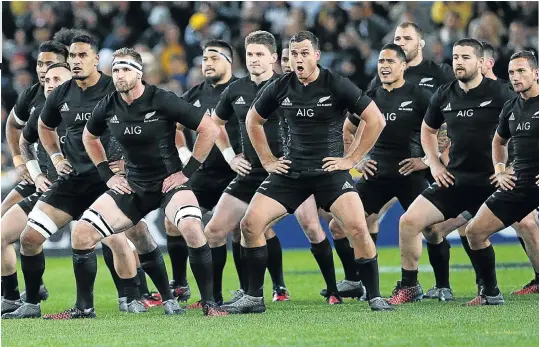  ?? Picture: EPA ?? RULES AND RITUALS: With their unique haka the All Blacks put on an entertaini­ng show. But on the field it’s serious stuff and players who transgress the team code, like scrumhalf Aaron Smith, third from right, get short shrift from the senior players...