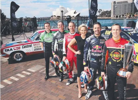  ?? Picture: PHIL HILLYARD ?? Fox Sports presenter Jess Yates with Supercars drivers (from left) Mark Winterbott­om, Craig Lowndes, Will Davison, Jamie Whincup and David Reynolds at the Foxtel 4K Bathurst 1000 launch in Sydney.