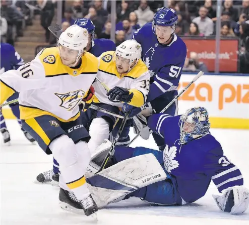  ?? FRANK GUNN / THE CANADIAN PRESS ?? Frederik Andersen was sharp with 44 saves in a 3-2 shootout win over the Predators on Wednesday.